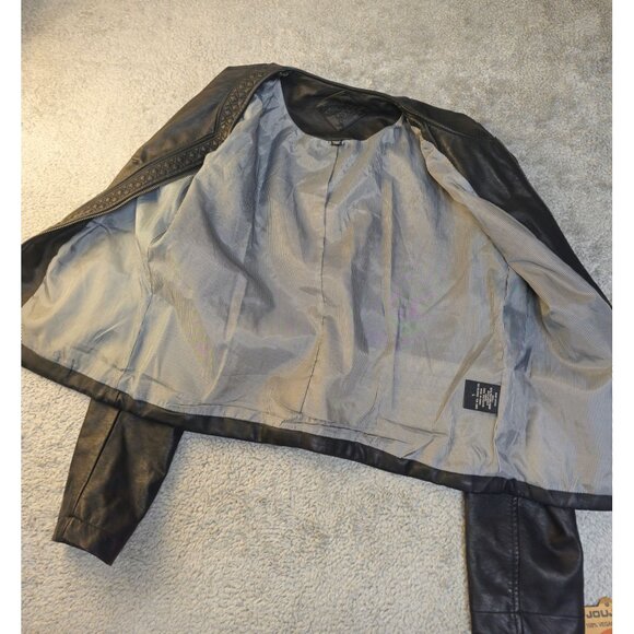 Jou Jou Womens Black Vegan Leather Jacket With Geometric Stitching & Zipper Deta - Picture 5 of 11